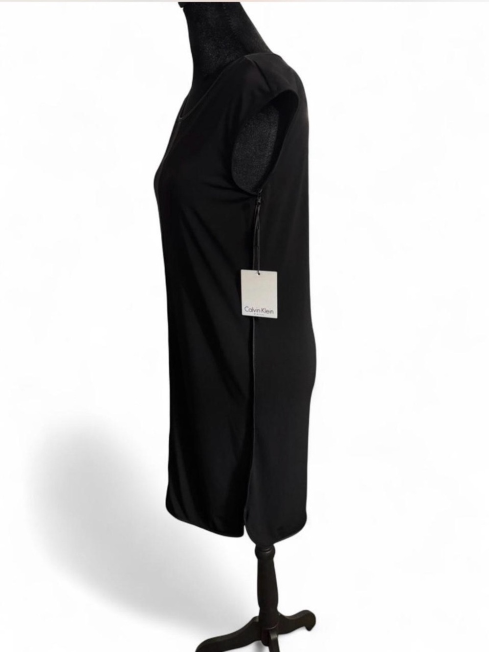 Calvin Klein Black Shift Dress Faux Leather Trim Cap Sleeve Size 2 - Picture 3 of 9